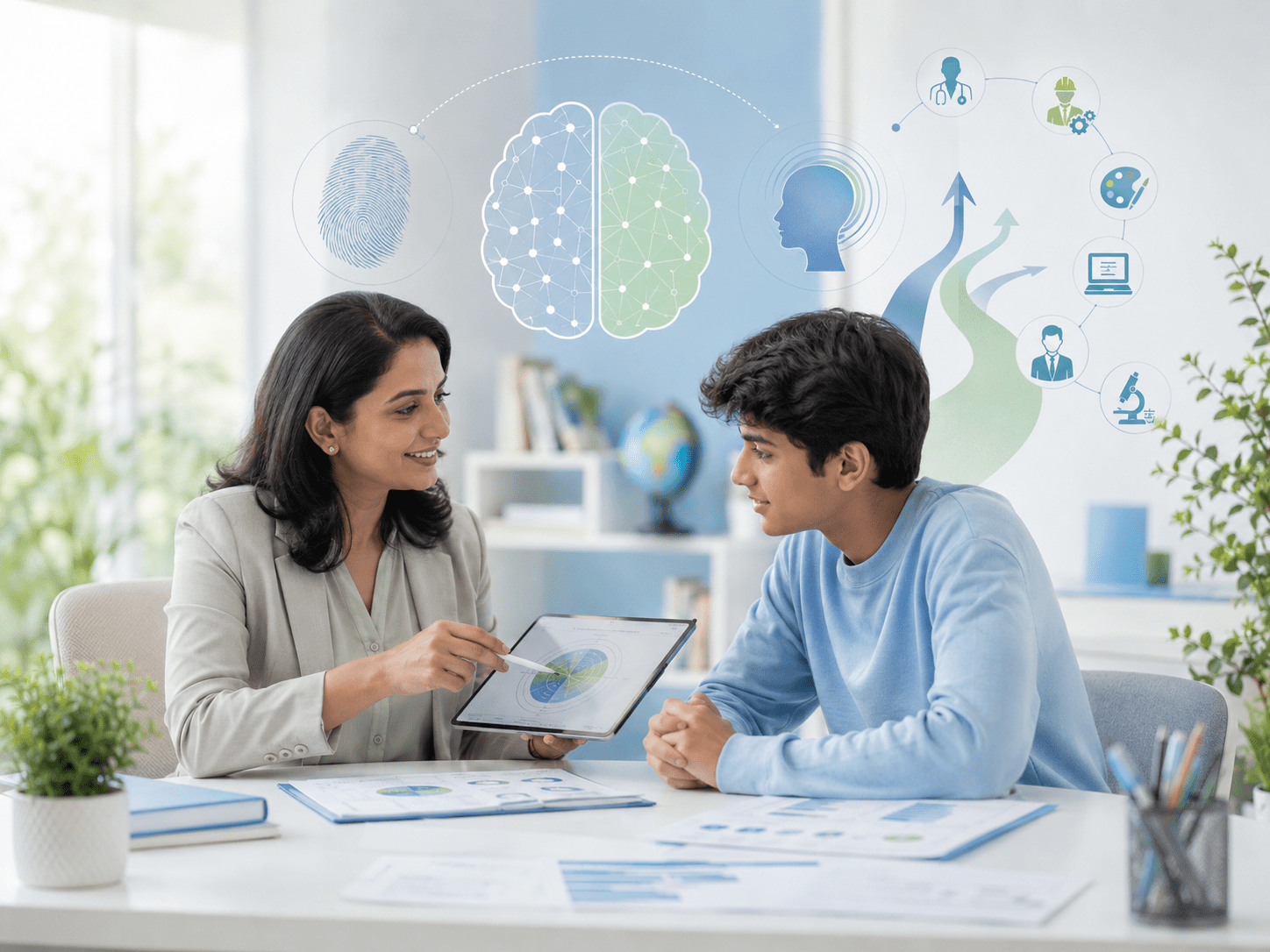 Career counsellor discussing DMIT and psychometric assessment with a student