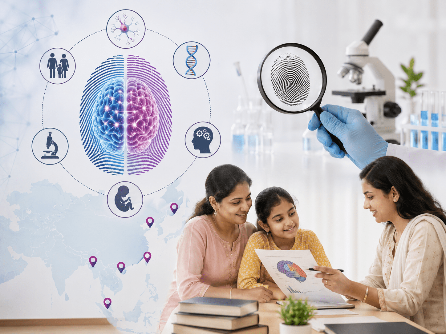 Creative illustration representing the multidisciplinary areas connected with dermatoglyphics